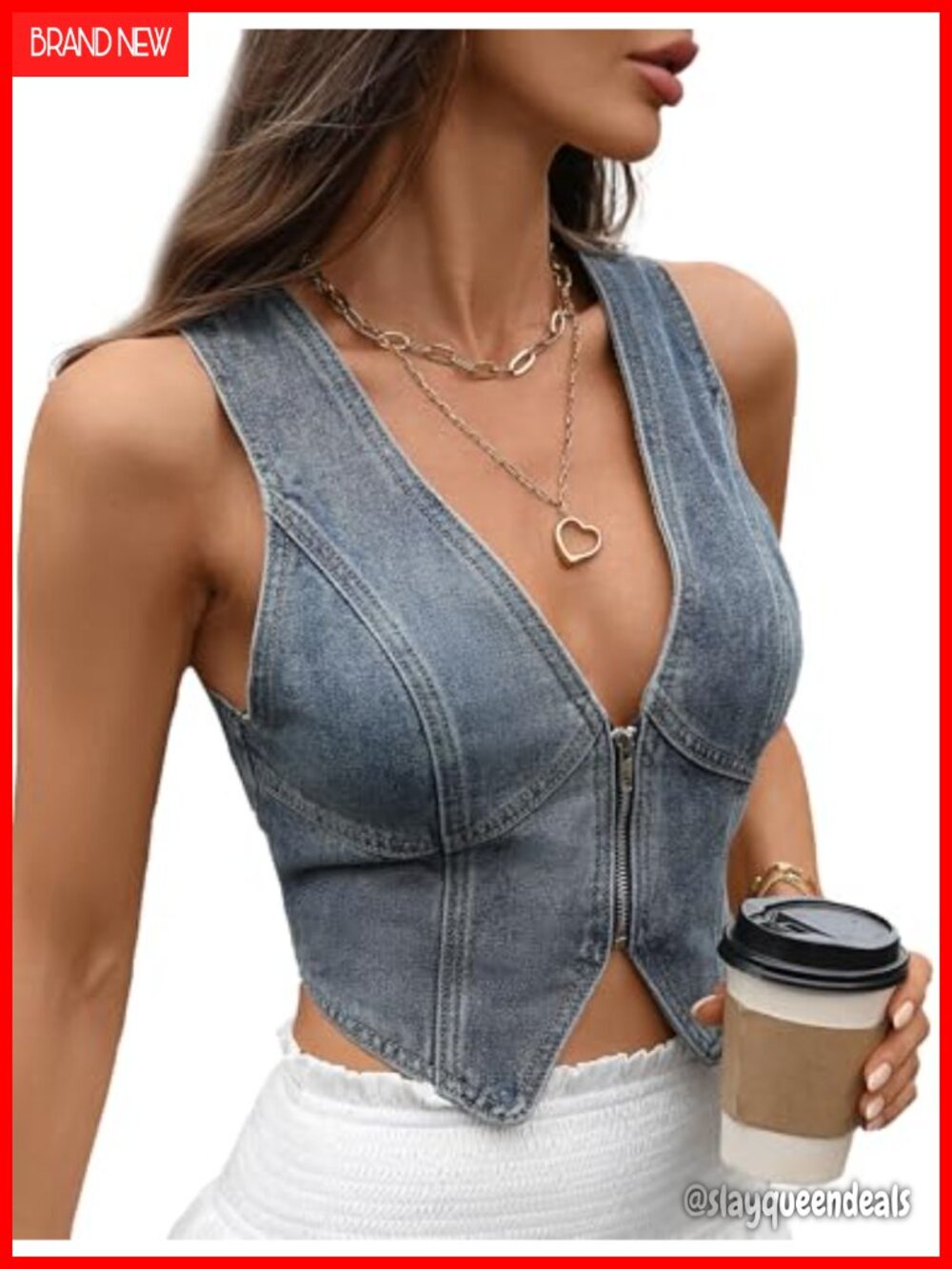 Women Jean Crop Vest V Neck Denim Sleeveless Zipper Casual
